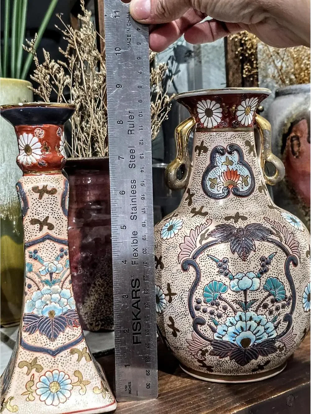 Vintage Japanese Satsuma Vase Set Raised Enamel Floral Candlestick Moriage